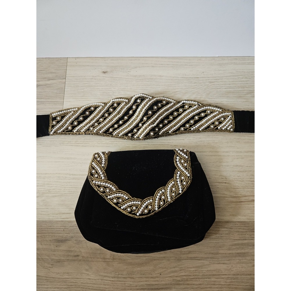 Vintage Handcrafted Zardozi‎ Black Velvet Clutch and Belt Set Gold Pearl India